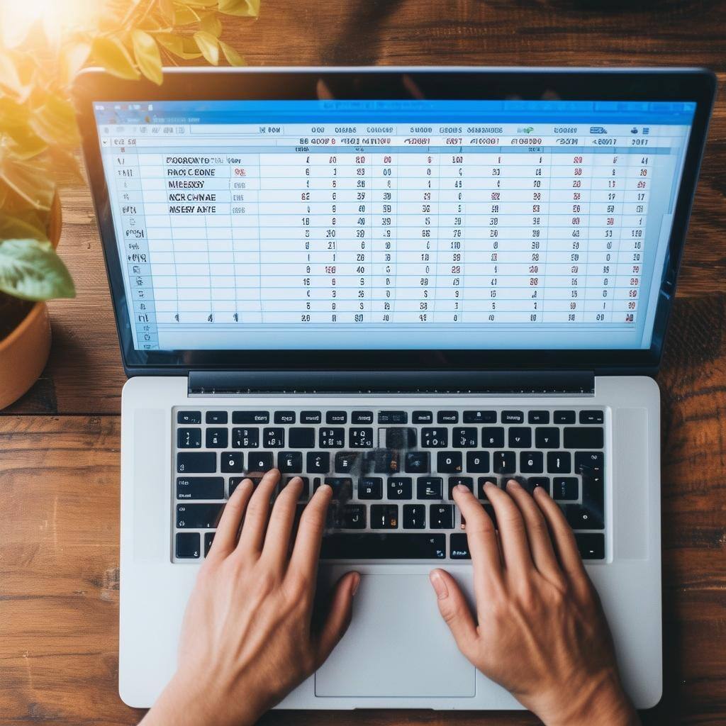 person typing on a laptop with spreadsheet on screen overhead view