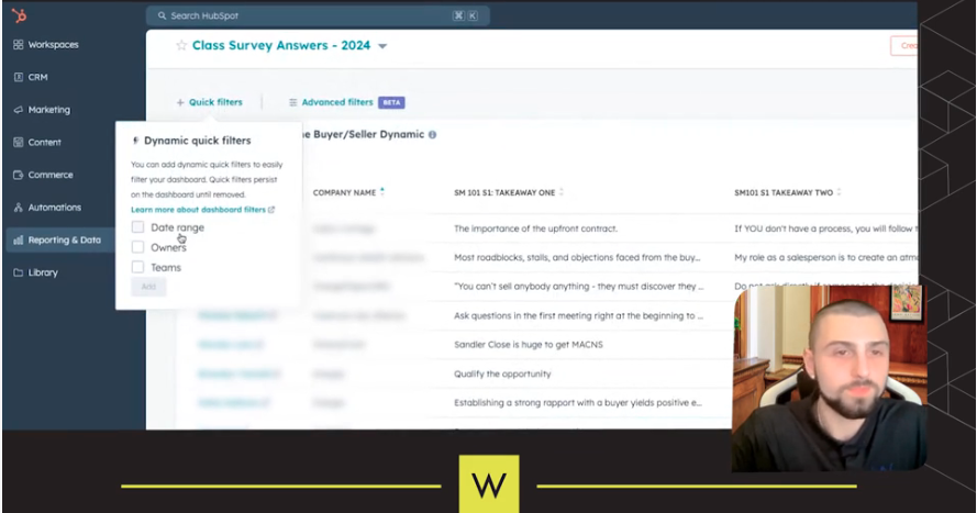 dynamic quick filters in hubspot